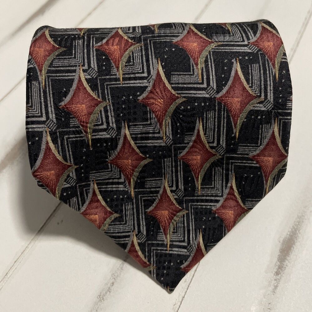 Silk Neck Tie BILL BLASS BLACK LABEL Silver Burgundy Gold Diamonds 4" X 59 - 1/2